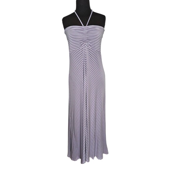 CARILOHA Striped Midi Dress Large Bamboo Modal Purple Halter Neck Beach Vacation - Picture 1 of 9